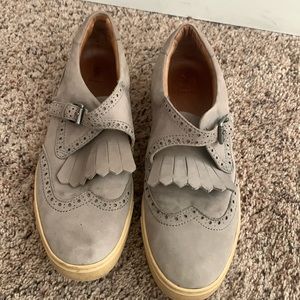 Frye buckle sneakers. Cute and comfortable. Sz 9. Gray with cream rubber soles